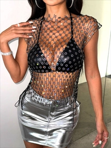 Women Sexy Fishnet Rhinestone Vest Top Backless Lace Up Flower Mesh Tank Top Sparkling Crystal Party Clubwear