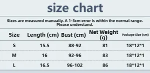 Size chart for women's metallic sequin halter top detailing chest and length measurements