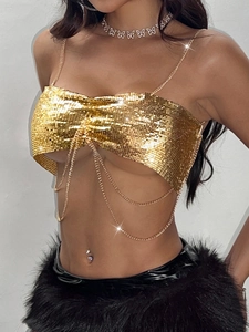 Haut à paillettes dorées avec bretelles chaîne pour festivals de musique et fêtes