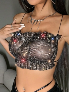 Women Sexy Rhinestone Fishnet Camisole Black Mesh Backless Tie-Up Crop Top Party Clubwear Blouse For Lady