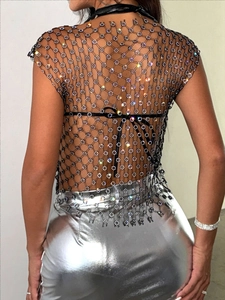Women's black fishnet rhinestone top with floral crystal details and back lace-up closure