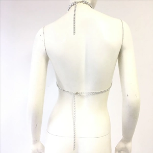 Detail of silver body chain with rhinestone collar and long fringed tassels on back