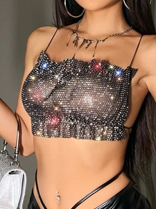 Sparkly rhinestone mesh crop top for women featuring a sexy halter neck and open back