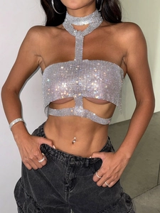 Sparkling silver rhinestone halter crop top set for women with matching choker and jewelry
