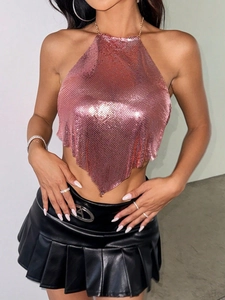 Chic pink metallic sequin halter crop top with asymmetrical hem and open back design