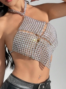 Top Crop Dos Nu Sexy à Strass Étincelants Femmes Argent Maille Chaîne en Métal Dos Nu Fête Club Sortie Festival Musique Top