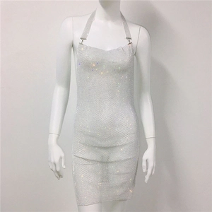 Detail of silver rhinestone mesh mini dress featuring a halter neck and open back