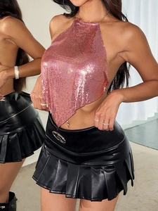 Pink metal mesh halter top and black faux leather pleated mini skirt for party fashion