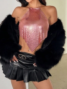 Pink sequin halter top with black faux fur jacket and leather pleated skirt outfit