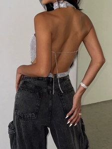 Sparkly rhinestone halter top with back chain detail and metallic silver finish
