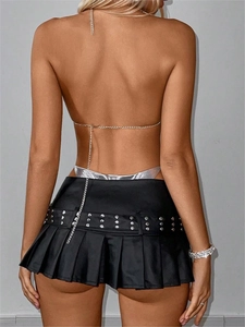 Sexy black faux leather pleated mini skirt with metal rivet belt and gold body chain