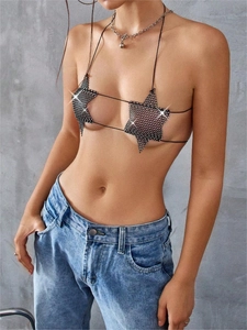 Sexy sternförmiges Halfter-Top mit Strasssteinen und schwarzen Bindebändern für Damen