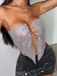 Haut bandeau scintillant en strass argentés avec chaînes métalliques pour les fêtes