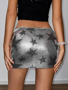 Silver metal sequin mini skirt with black star print and side slit for party wear