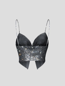 Sparkling rhinestone mesh camisole top with deep V-neck and butterfly pointed hemline
