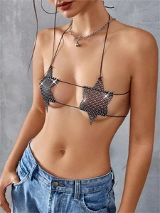 Sexy sternförmiges Strass-Bikinioberteil mit schwarzen Trägern und Silberkristallen