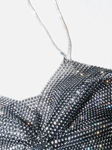 Sexy silver rhinestone fishnet camisole top with metal chain straps for women