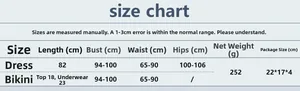 Detailed size chart for sexy rhinestone fishnet dress and bikini two-piece beach set