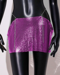 Macro detail of purple metallic sequin mini skirt with silver adjustable waist chain