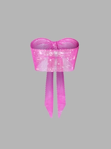 Hot pink rhinestone bow bandeau top with sparkling mesh and decorative long tassels