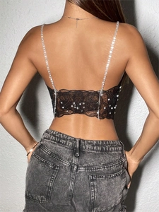Black lace crop camisole with rhinestone straps and pearl embroidery details