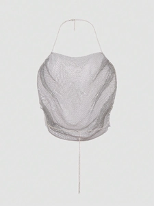 Silver chainmail halter crop top featuring a cowl neckline and backless metal mesh design