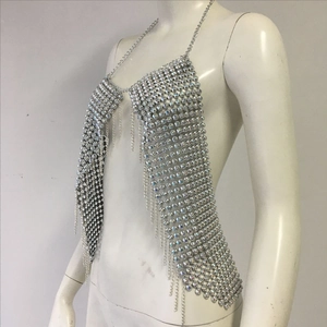 Detailed view of silver rhinestone fringe body chain with halter neck party design
