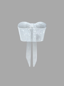 Sparkling rhinestone bow crop top with elegant long tassels and shimmering mesh texture