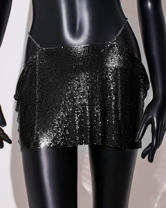 Detail of black metallic sequin mini skirt with adjustable waist chain for night out style