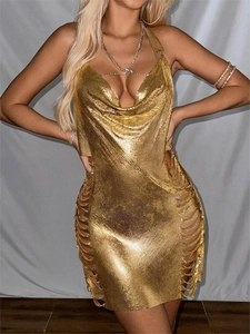 Sexy gold metal sequin halter mini dress with plunging V-neck and open back for parties