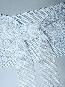 Close-up of silver mesh bow accessory with sparkling rhinestones and ribbon details