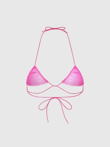 Sexy hot pink halter bikini top with sparkling rhinestones for beach club wear