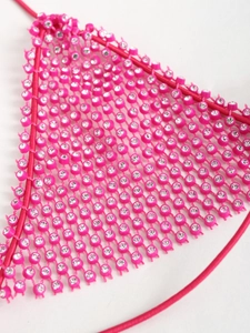 Peach pink rhinestone fishnet bikini top with sparkling crystals and tie-up halter straps