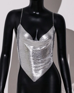 Close-up of silver metal sequin mesh top with V-neck and delicate chain straps