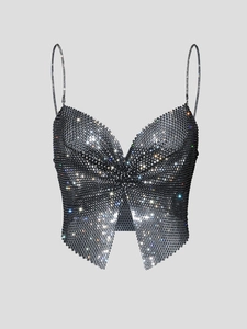 Women Sexy Rhinestone Butterfly Crop Top Deep V Neck Sparkly Mesh Camisole Party Clubwear Backless Chain Strap Tank Top