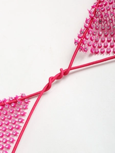 Pink rhinestone fishnet bikini top with halter neck ties and sparkling crystal details