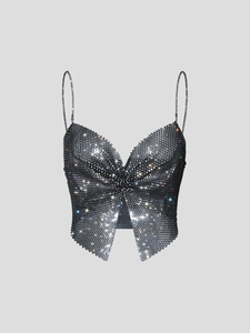 Sparkling black butterfly rhinestone camisole top with metal mesh for party wear