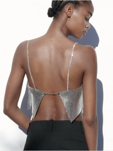 Silver sequin mesh camisole with thin straps and open back chain detail in back view