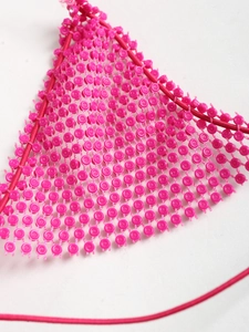 Hot pink mesh bikini top with sparkling rhinestones and tie straps for beach wear