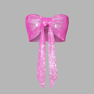 Women Sexy Rhinestone Bow Bandeau Top Shimmering Mesh Strapless Hot Girl Party Clubwear Crop Top Hot Pink White Clothing