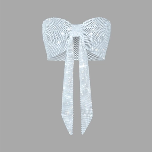 Sparkly rhinestone bow crop top with sleeveless strapless design and silver mesh finish