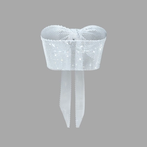 Sparkly rhinestone bow crop top mesh fishnet bustier tank with shimmering silver crystals