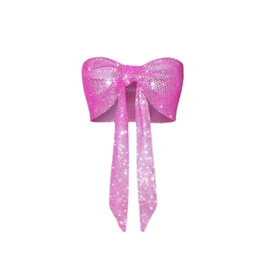 Sparkly rose pink rhinestone bow bandeau top with strapless mesh fishnet elastic design