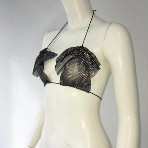 Detailed view of luxury black mesh rhinestone bikini top with shimmering crystals