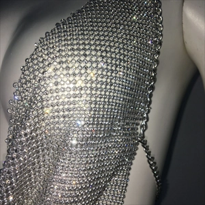 Close-up of sparkling silver rhinestone mesh top with metal adjustable side chain