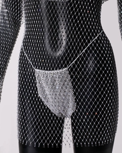 Detailed close-up of sparkling rhinestone mesh dress featuring intricate silver beadwork