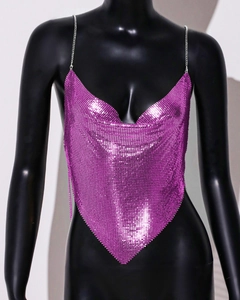 Detail of purple metallic sequin mesh halter top with deep V-neck and silver chain straps