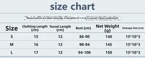 Size chart for women's metallic fringe camisole showing S, M, L measurements