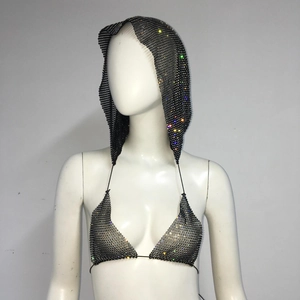 Close-up of black rhinestone mesh hooded bikini top with colorful crystals on a mannequin