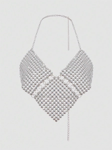 Débardeur Dos Nu Sexy en Strass pour Femmes Chaîne en Métal Argenté Bijoux de Corps Dos Nu Col en V Tenue de Soirée Festival